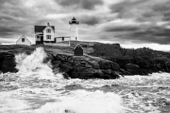 Surf From Storm Surrounds Cape Neddick Lighthouse - BW